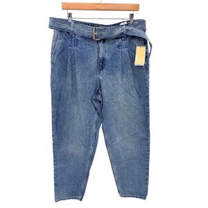 NWT Michael Kors Pleated Belted Denim Pants Vintage Wash High Rise Tapered Sz 12